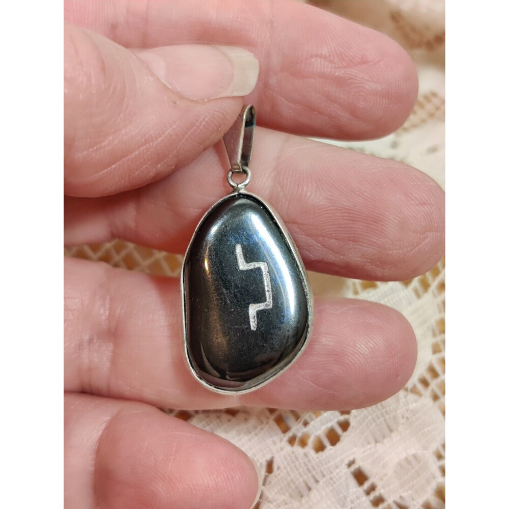 Silver Simple 1" Pendant Hematite Tumbled Engraved Design